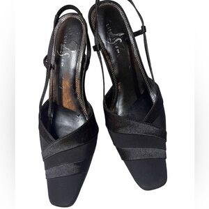 Life Stride Heels Black Two Tone Fabric Upper Sling Back Leather Soles